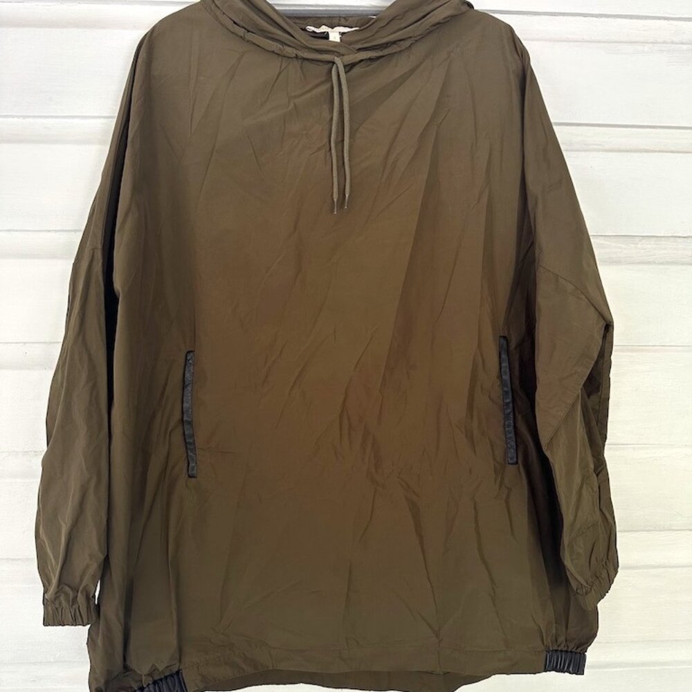 Maje women's forest green & black, long windbreaker with hood and front pocket